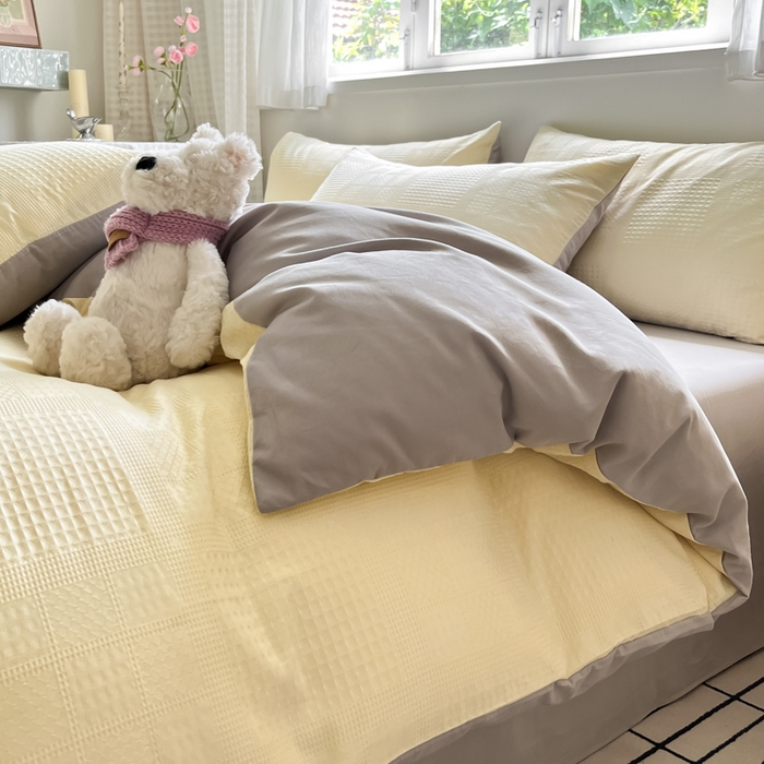 91家纺网 家纺一手货源 找家纺 言一 2025秋冬新品A类60S新疆长绒棉纯棉陶瓷轻磨毛四件套提花全棉床单被套不掉毛2 奶油黄+雅灰