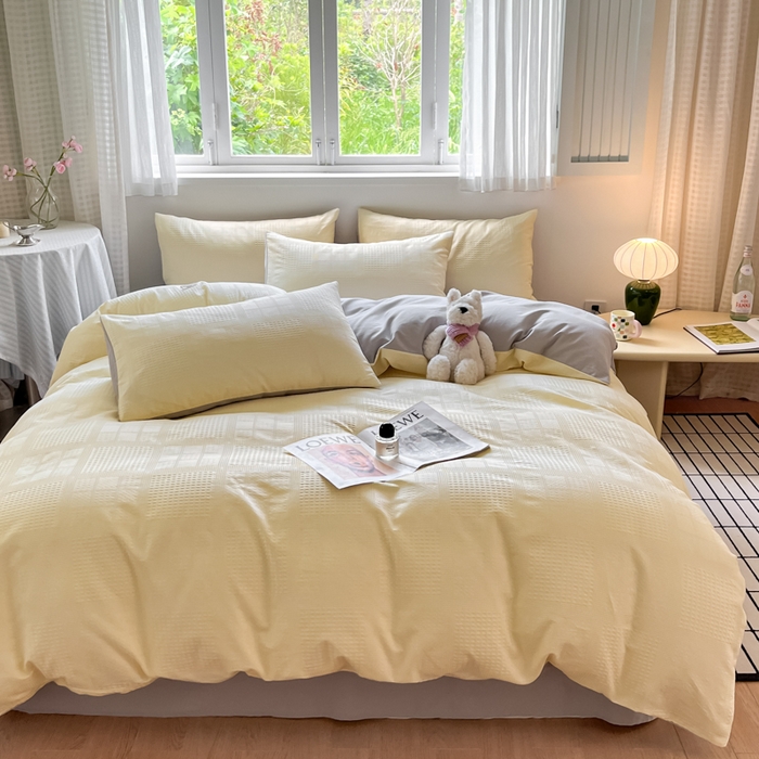 91家纺网 家纺一手货源 找家纺 言一 2025秋冬新品A类60S新疆长绒棉纯棉陶瓷轻磨毛四件套提花全棉床单被套不掉毛2 奶油黄+雅灰