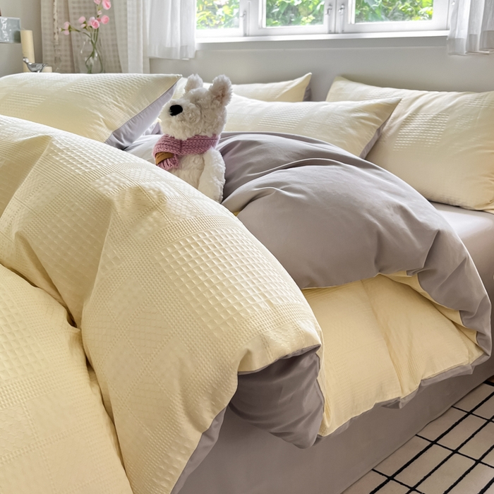 91家纺网 家纺一手货源 找家纺 言一 2025秋冬新品A类60S新疆长绒棉纯棉陶瓷轻磨毛四件套提花全棉床单被套不掉毛2 奶油黄+雅灰