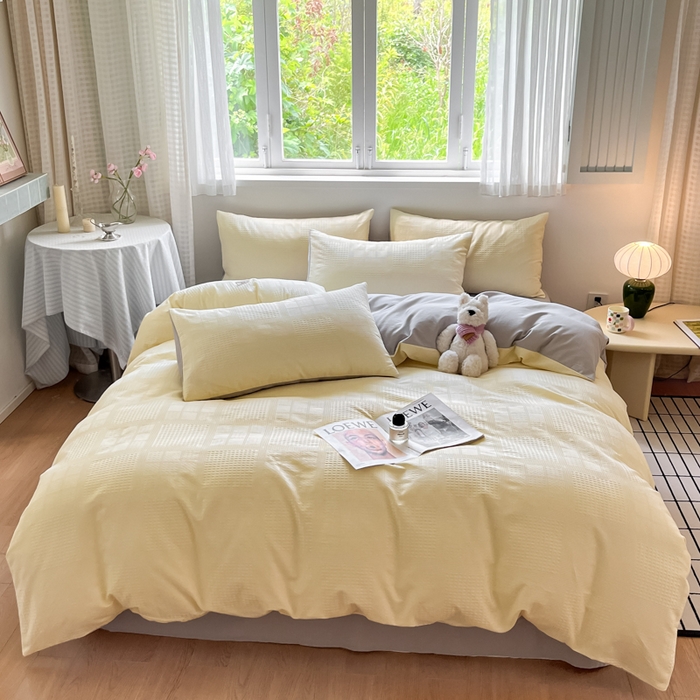 91家纺网 家纺一手货源 找家纺 言一 2025秋冬新品A类60S新疆长绒棉纯棉陶瓷轻磨毛四件套提花全棉床单被套不掉毛2 奶油黄+雅灰