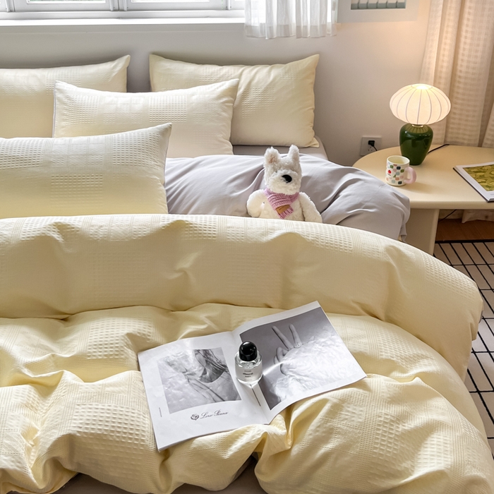 91家纺网 家纺一手货源 找家纺 言一 2025秋冬新品A类60S新疆长绒棉纯棉陶瓷轻磨毛四件套提花全棉床单被套不掉毛2 奶油黄+雅灰