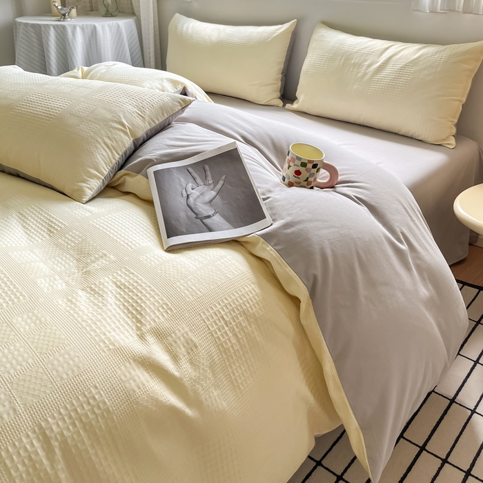 91家纺网 家纺一手货源 找家纺 言一 2025秋冬新品A类60S新疆长绒棉纯棉陶瓷轻磨毛四件套提花全棉床单被套不掉毛2 奶油黄+雅灰