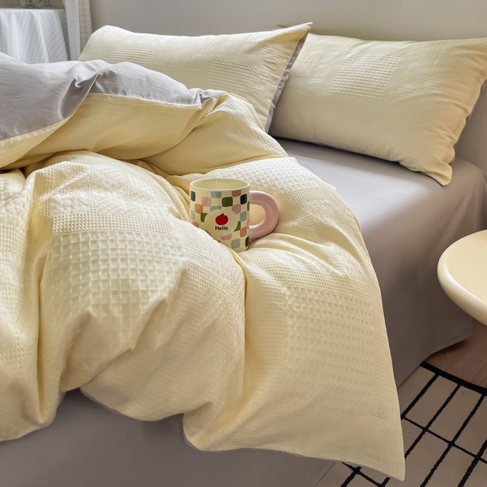 91家纺网 家纺一手货源 找家纺 言一 2025秋冬新品A类60S新疆长绒棉纯棉陶瓷轻磨毛四件套提花全棉床单被套不掉毛2 奶油黄+雅灰