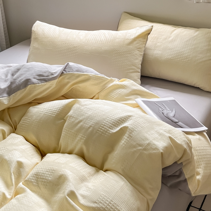 91家纺网 家纺一手货源 找家纺 言一 2025秋冬新品A类60S新疆长绒棉纯棉陶瓷轻磨毛四件套提花全棉床单被套不掉毛2 奶油黄+雅灰