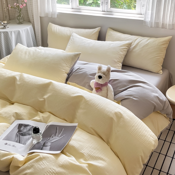 91家纺网 家纺一手货源 找家纺 言一 2025秋冬新品A类60S新疆长绒棉纯棉陶瓷轻磨毛四件套提花全棉床单被套不掉毛2 奶油黄+雅灰