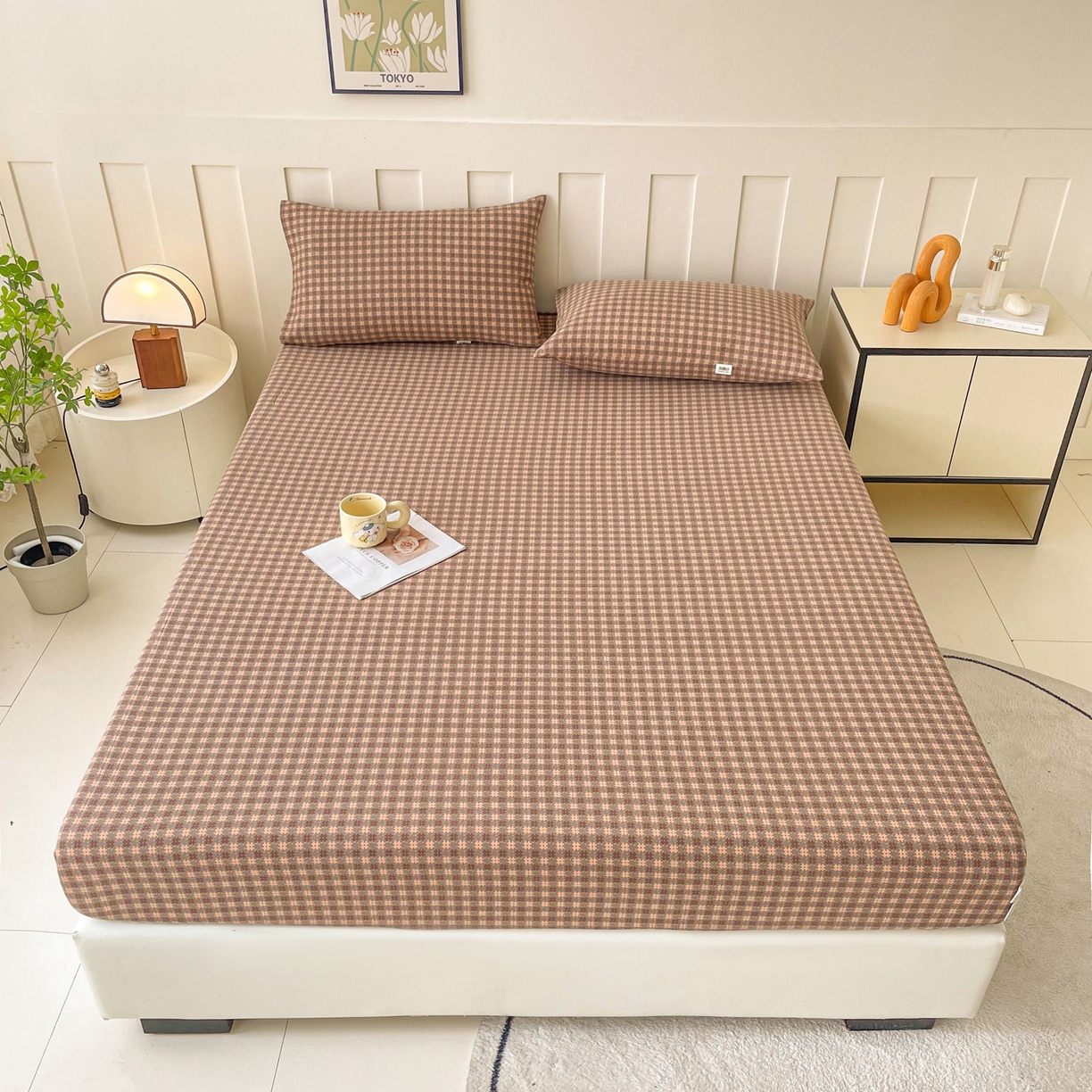 91家纺网 家纺一手货源 找家纺 金泰莱 2025新款木棉双层纱印花床笠 素红格