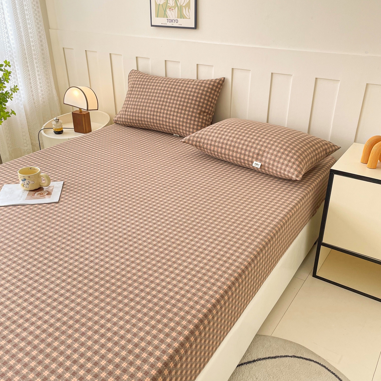 91家纺网 家纺一手货源 找家纺 金泰莱 2025新款木棉双层纱印花床笠 素红格