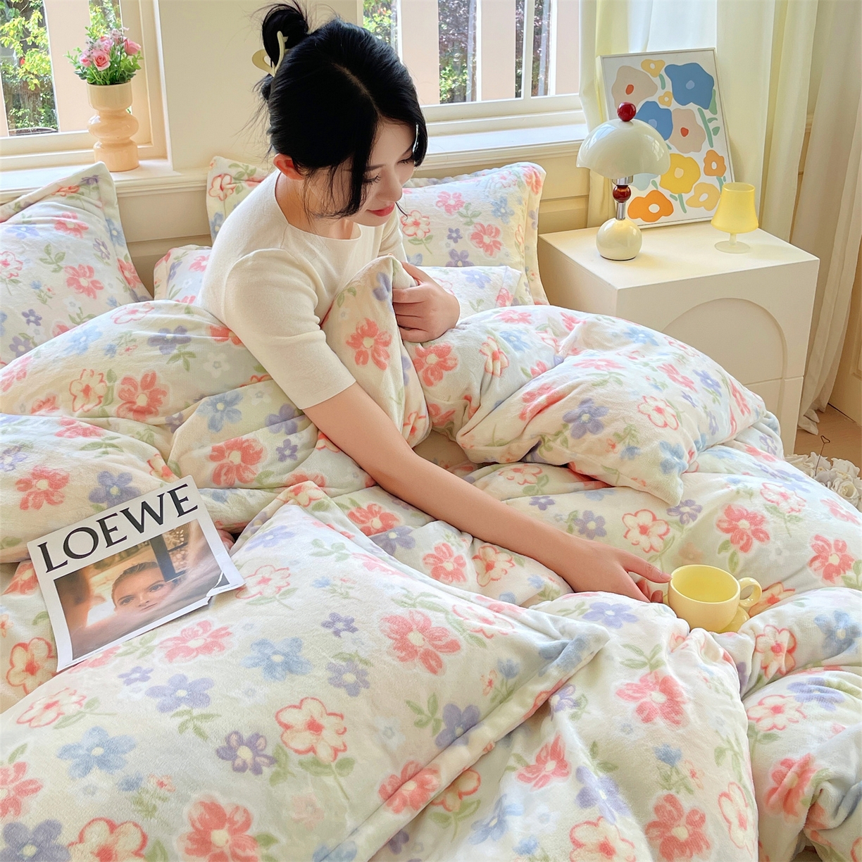 91家纺网 家纺一手货源 找家纺 凯儿2025加厚A类印花牛奶绒单品四件套 花在云端