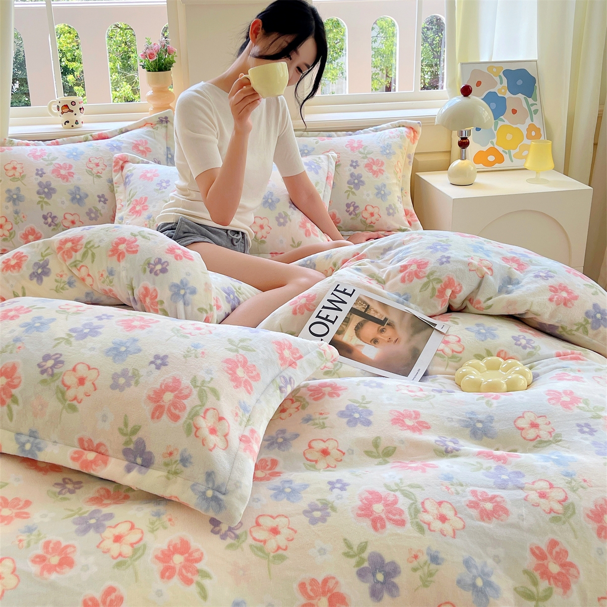 91家纺网 家纺一手货源 找家纺 凯儿2025加厚A类印花牛奶绒单品四件套 花在云端