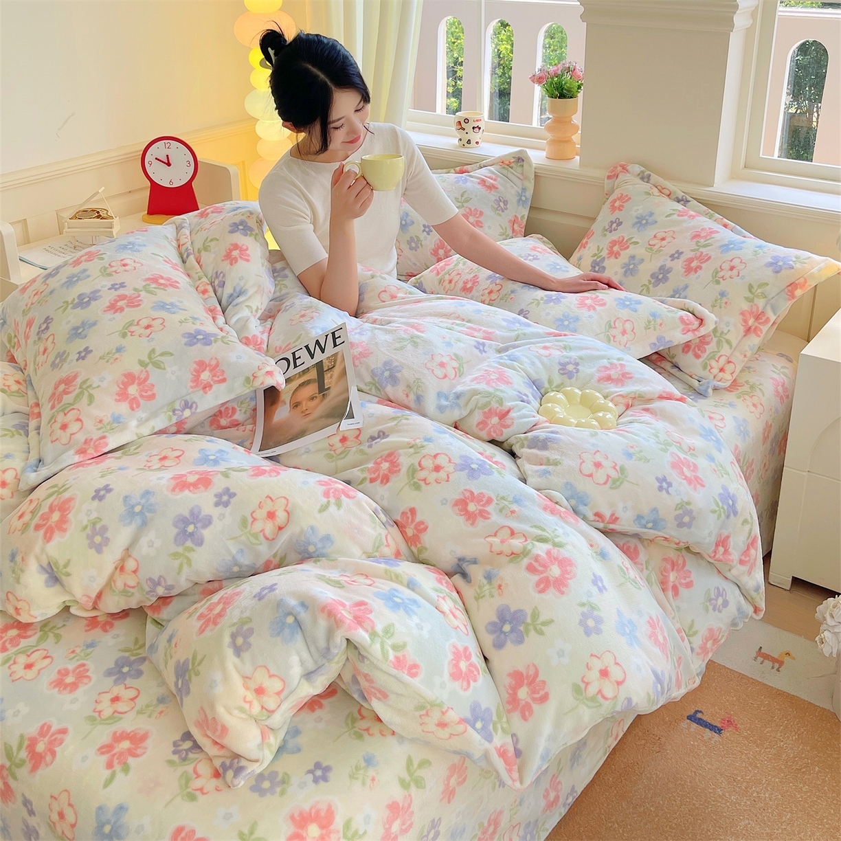 91家纺网 家纺一手货源 找家纺 凯儿2025加厚A类印花牛奶绒单品四件套 花在云端