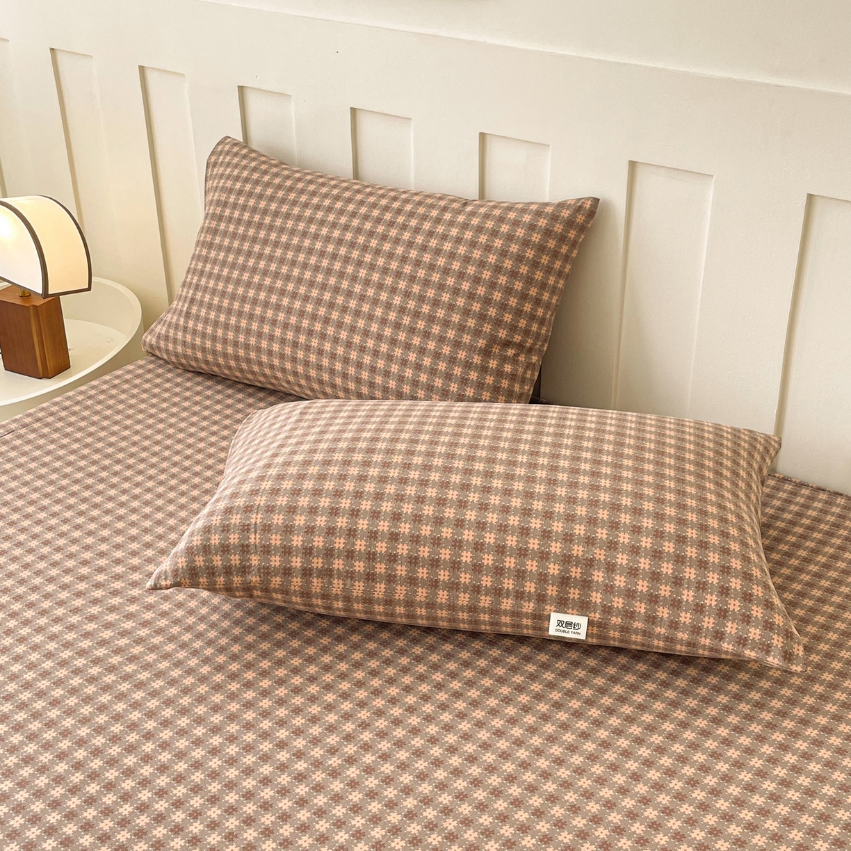 91家纺网 家纺一手货源 找家纺 金泰莱 2025新款木棉双层纱印花床笠 素红格