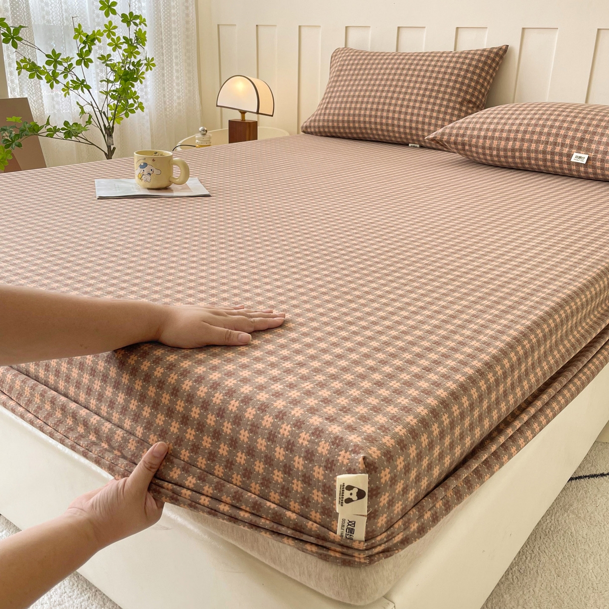 91家纺网 家纺一手货源 找家纺 金泰莱 2025新款木棉双层纱印花床笠 素红格