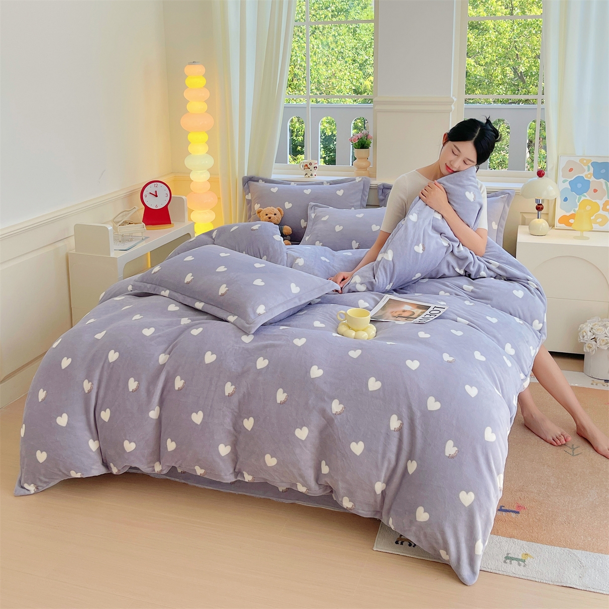 91家纺网 家纺一手货源 找家纺 凯儿2025加厚A类印花牛奶绒单品四件套 心心相印-灰