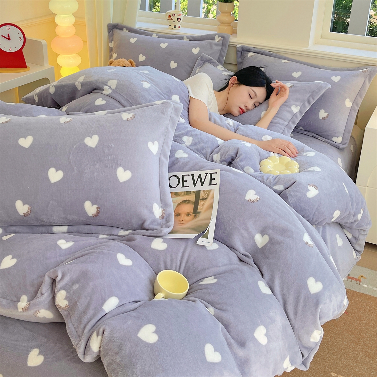 91家纺网 家纺一手货源 找家纺 凯儿2025加厚A类印花牛奶绒单品四件套 心心相印-灰