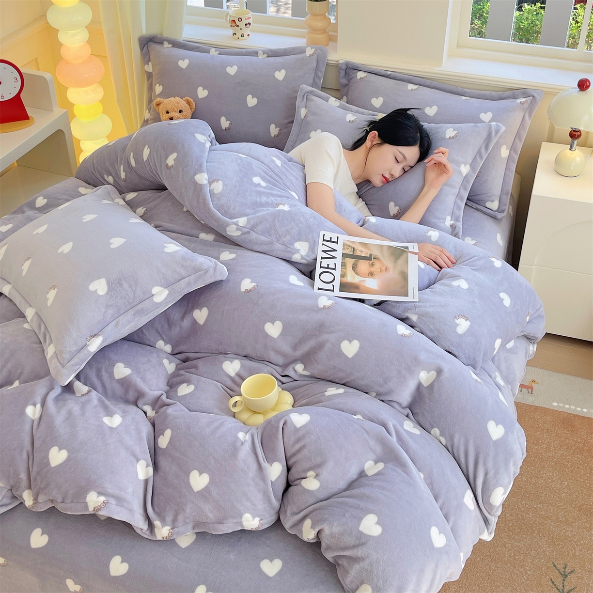 91家纺网 家纺一手货源 找家纺 凯儿2025加厚A类印花牛奶绒单品四件套 心心相印-灰