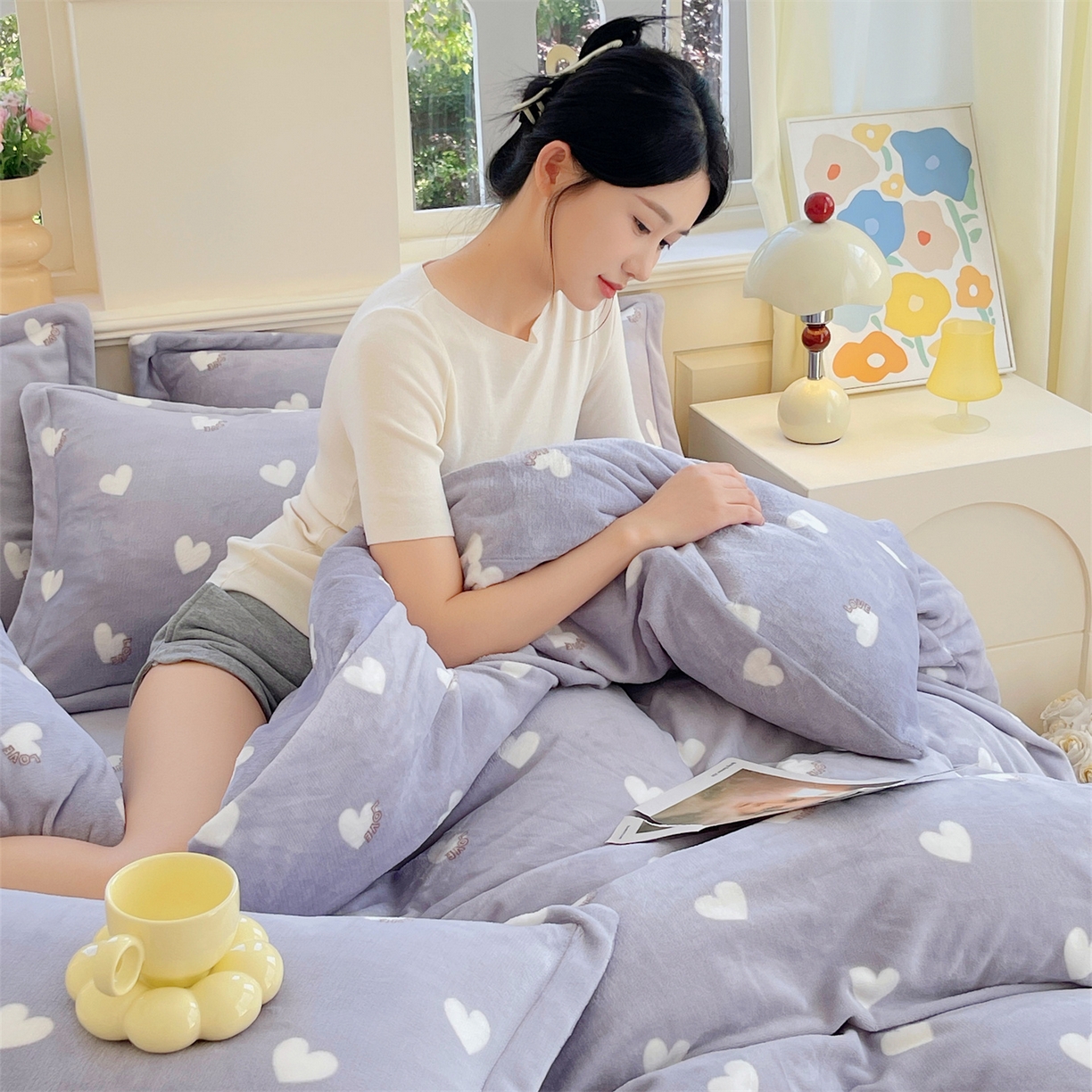 91家纺网 家纺一手货源 找家纺 凯儿2025加厚A类印花牛奶绒单品四件套 心心相印-灰