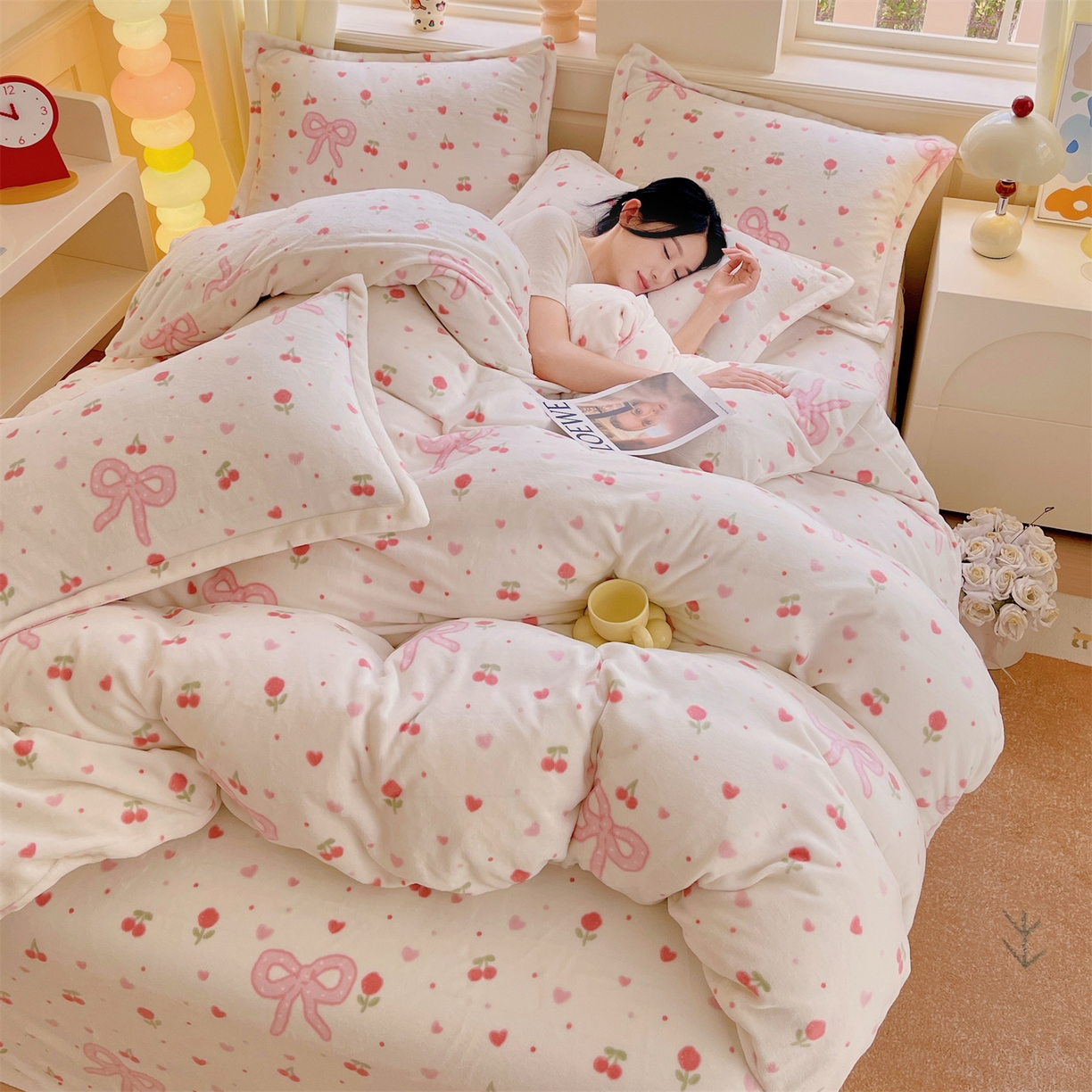 91家纺网 家纺一手货源 找家纺 凯儿2025加厚A类印花牛奶绒单品四件套 樱桃结语