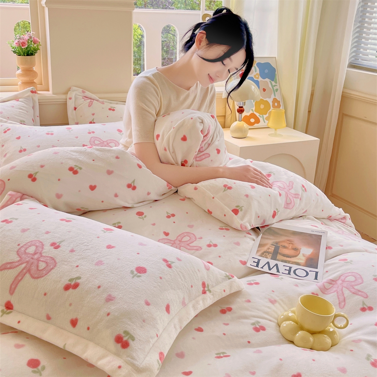 91家纺网 家纺一手货源 找家纺 凯儿2025加厚A类印花牛奶绒单品四件套 樱桃结语