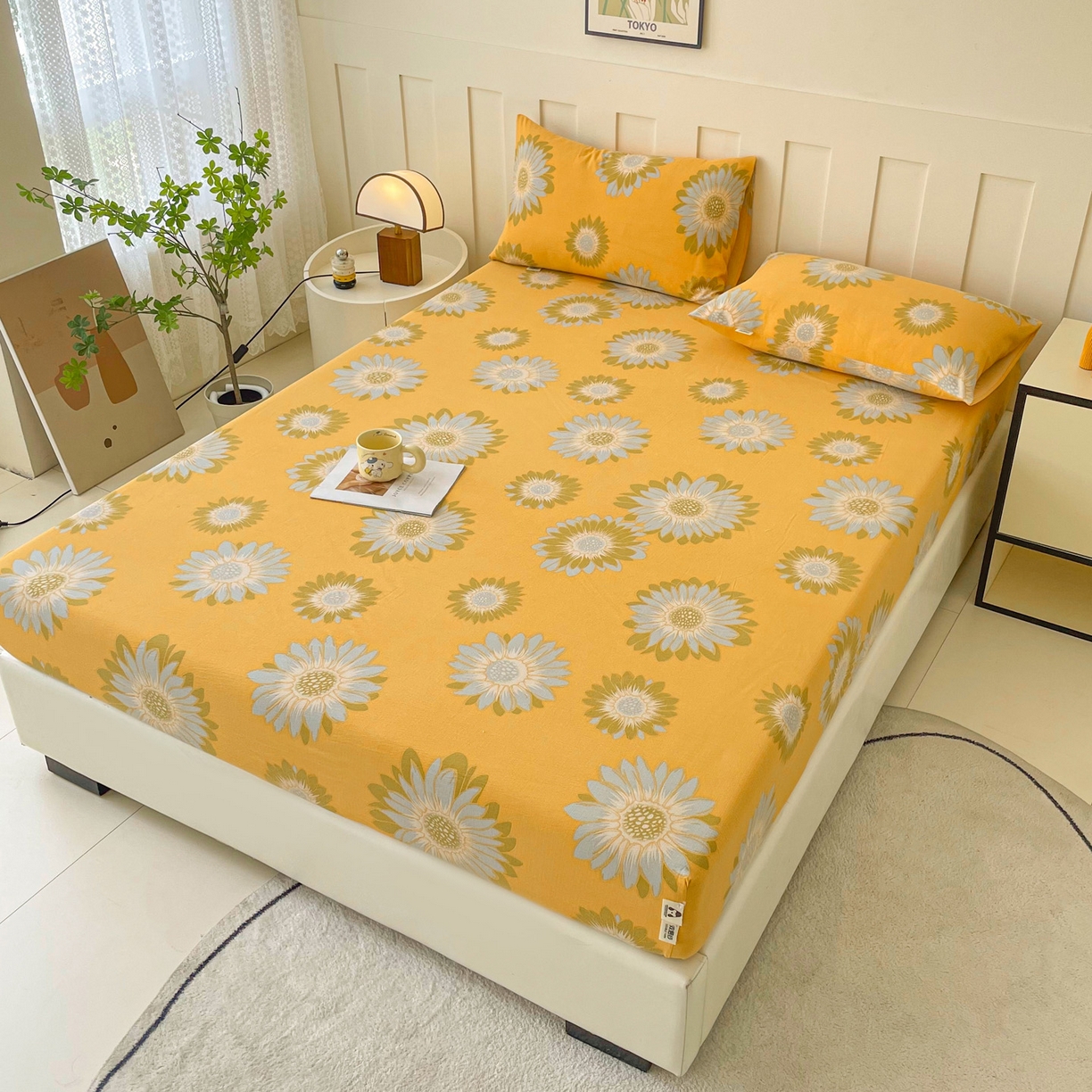 91家纺网 家纺一手货源 找家纺 金泰莱 2025新款木棉双层纱印花床笠 向阳花-桔黄