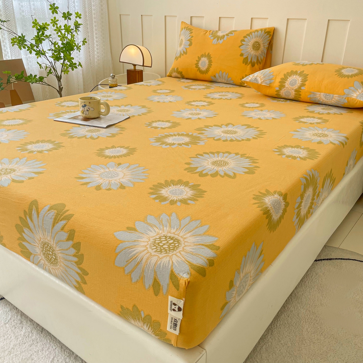 91家纺网 家纺一手货源 找家纺 金泰莱 2025新款木棉双层纱印花床笠 向阳花-桔黄