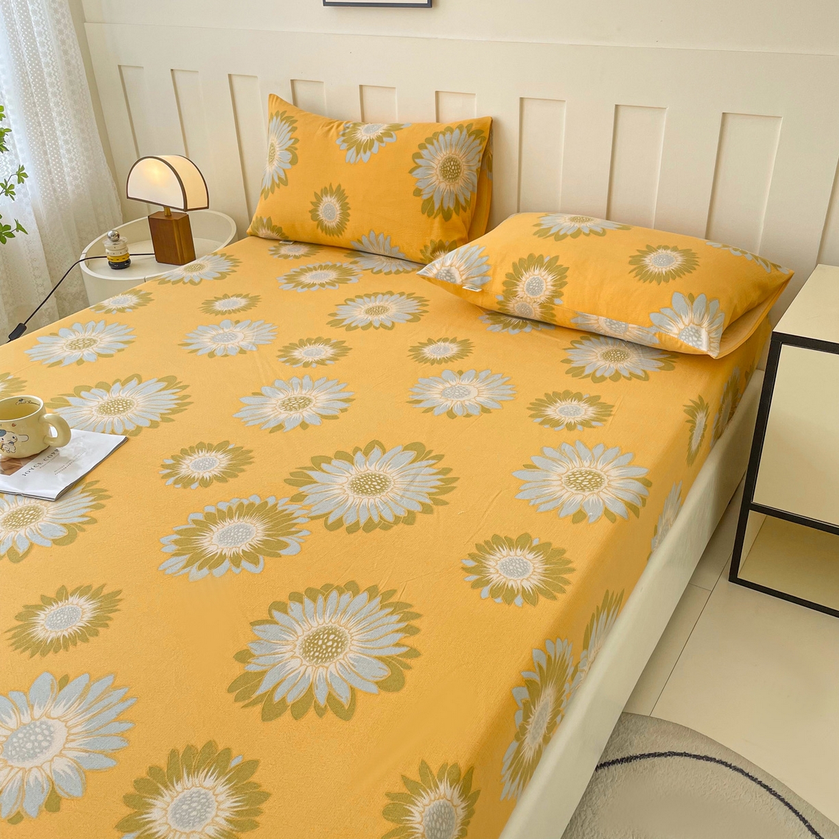 91家纺网 家纺一手货源 找家纺 金泰莱 2025新款木棉双层纱印花床笠 向阳花-桔黄