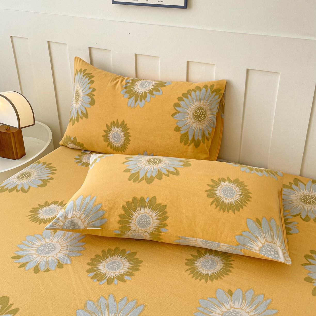 91家纺网 家纺一手货源 找家纺 金泰莱 2025新款木棉双层纱印花床笠 向阳花-桔黄