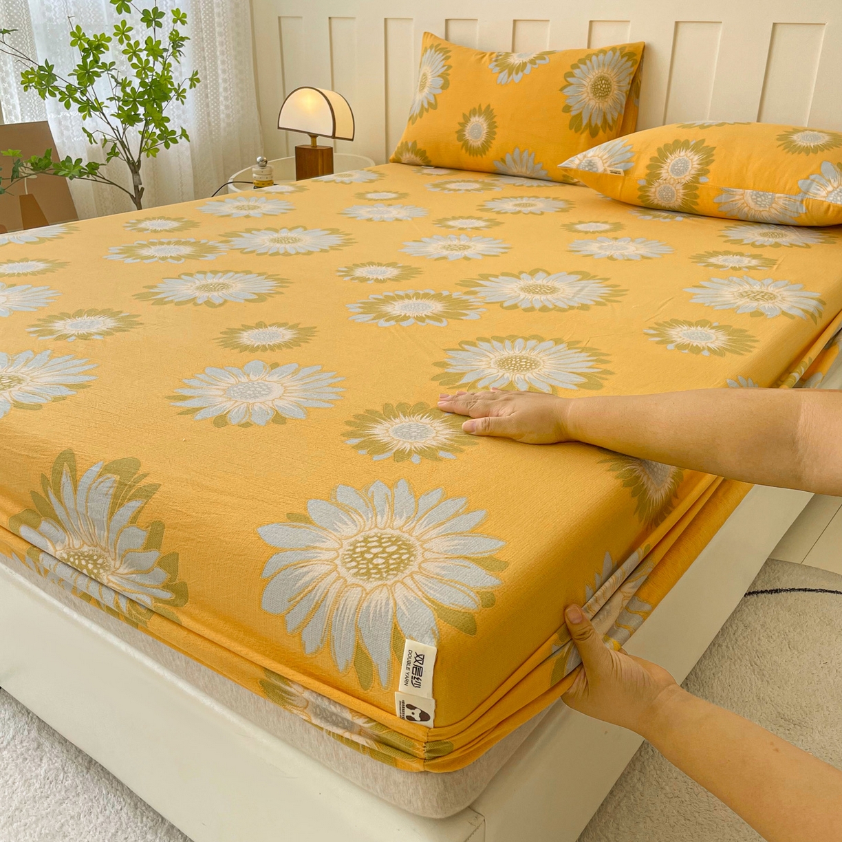 91家纺网 家纺一手货源 找家纺 金泰莱 2025新款木棉双层纱印花床笠 向阳花-桔黄