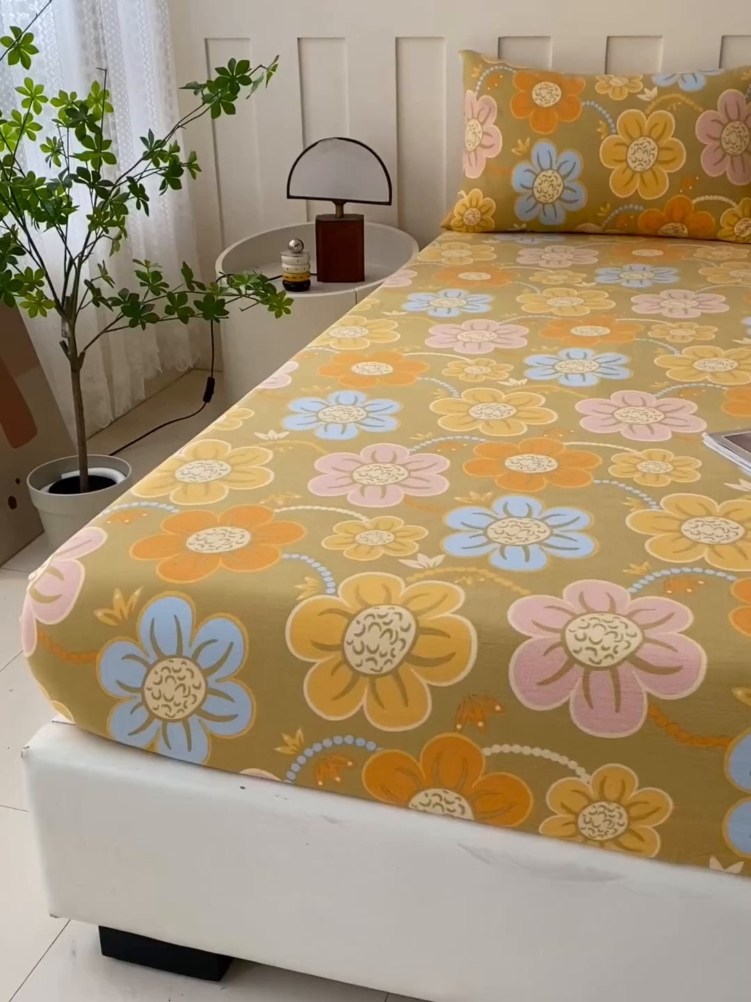 91家纺网 家纺一手货源 找家纺 金泰莱 2025新款木棉双层纱印花床笠 向阳花-桔黄