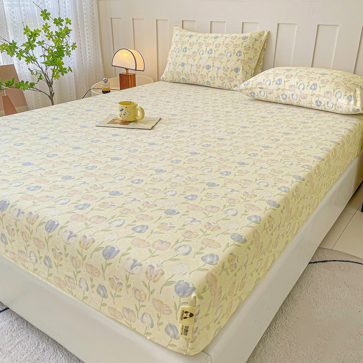 91家纺网 家纺一手货源 找家纺 金泰莱 2025新款木棉双层纱印花床笠 郁金香