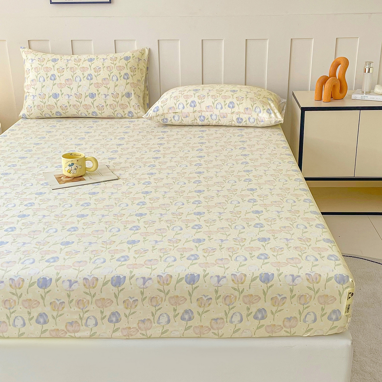 91家纺网 家纺一手货源 找家纺 金泰莱 2025新款木棉双层纱印花床笠 郁金香