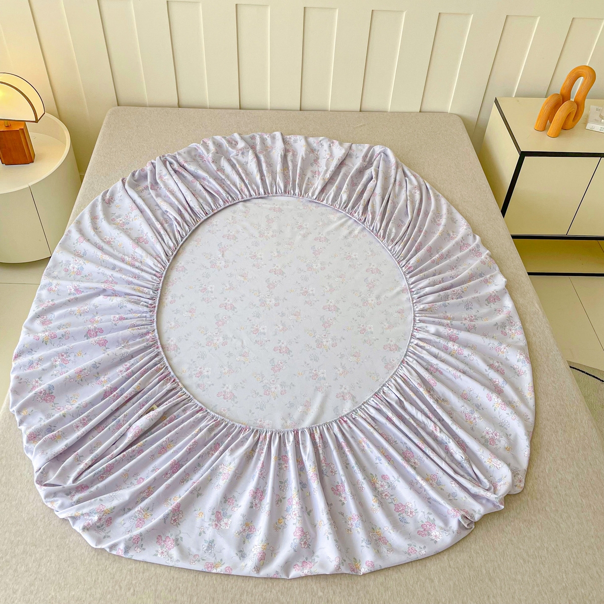 91家纺网 家纺一手货源 找家纺 金泰莱 2025新款木棉双层纱印花床笠 紫丁香