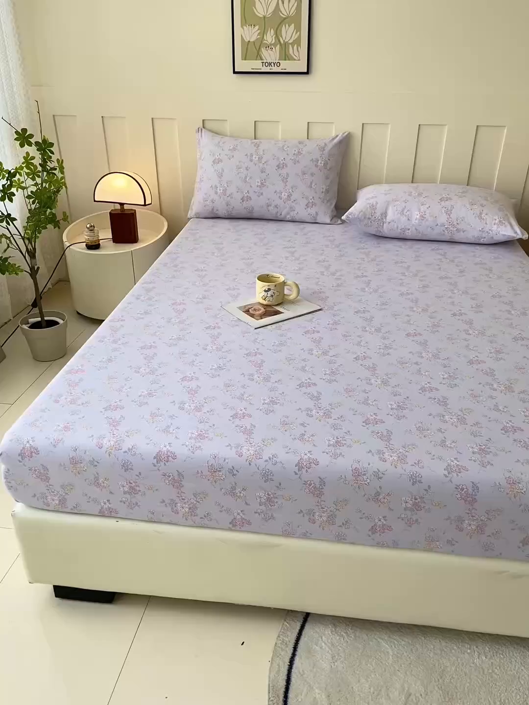 91家纺网 家纺一手货源 找家纺 金泰莱 2025新款木棉双层纱印花床笠 紫丁香