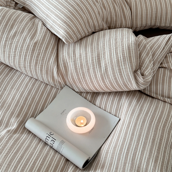 91家纺网 家纺一手货源 找家纺 （总）玛奇朵 2024新品简约色织中古条纹双层皱皱纱四件套