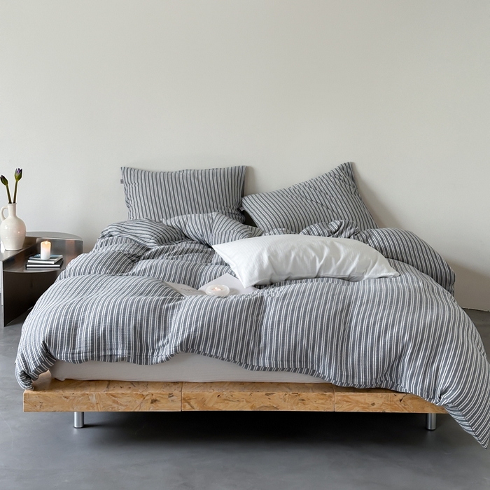 玛奇朵 2024新品简约色织中古条纹双层皱皱纱四件套 中古条纹-蓝