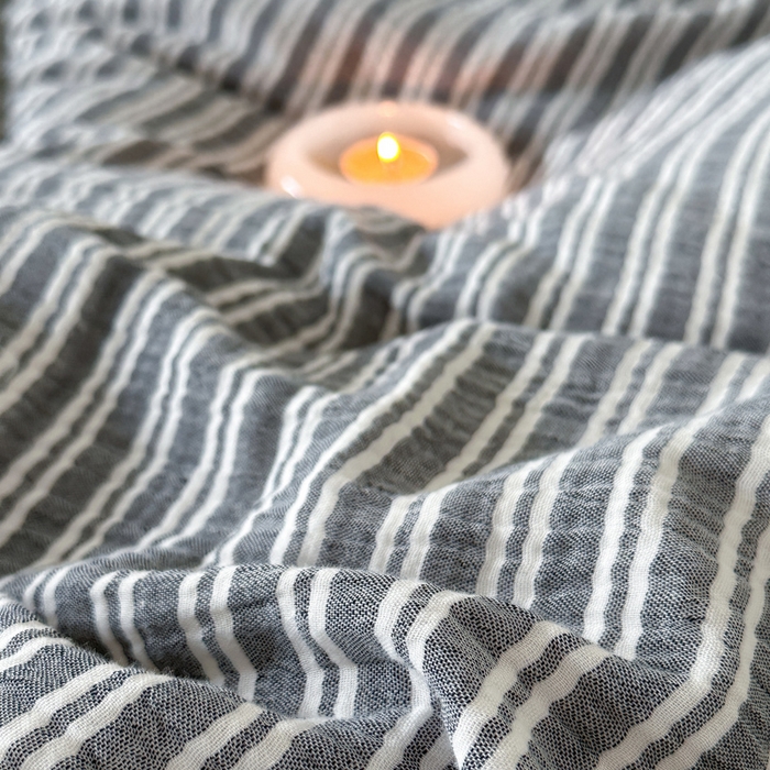 91家纺网 家纺一手货源 找家纺 玛奇朵 2024新品简约色织中古条纹双层皱皱纱四件套 中古条纹-蓝