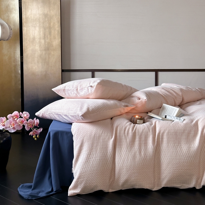 91家纺网 家纺一手货源 找家纺 （总）玛奇朵 2024新品韩国A类侘寂风色织提花双层皱皱纱四件套-流光溢彩系列