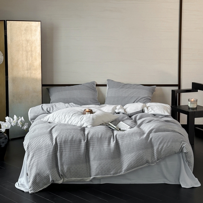 91家纺网 家纺一手货源 找家纺 （总）玛奇朵 2024新品韩国A类侘寂风色织提花双层皱皱纱四件套-流光溢彩系列