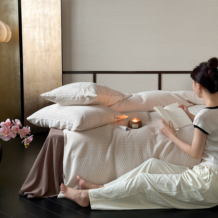 91家纺网 家纺一手货源 找家纺 玛奇朵 2024新品韩国A类侘寂风色织提花双层皱皱纱四件套-流光溢彩系列 流光溢彩-卡其