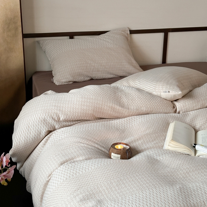 91家纺网 家纺一手货源 找家纺 玛奇朵 2024新品韩国A类侘寂风色织提花双层皱皱纱四件套-流光溢彩系列 流光溢彩-卡其