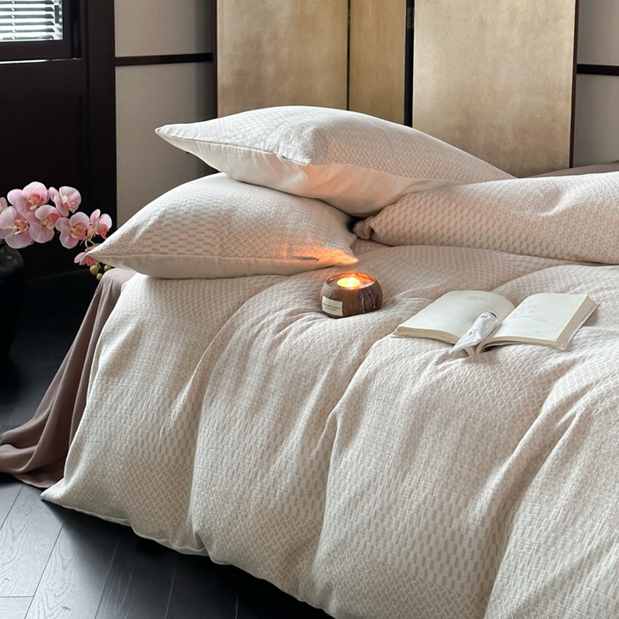 91家纺网 家纺一手货源 找家纺 玛奇朵 2024新品韩国A类侘寂风色织提花双层皱皱纱四件套-流光溢彩系列 流光溢彩-卡其