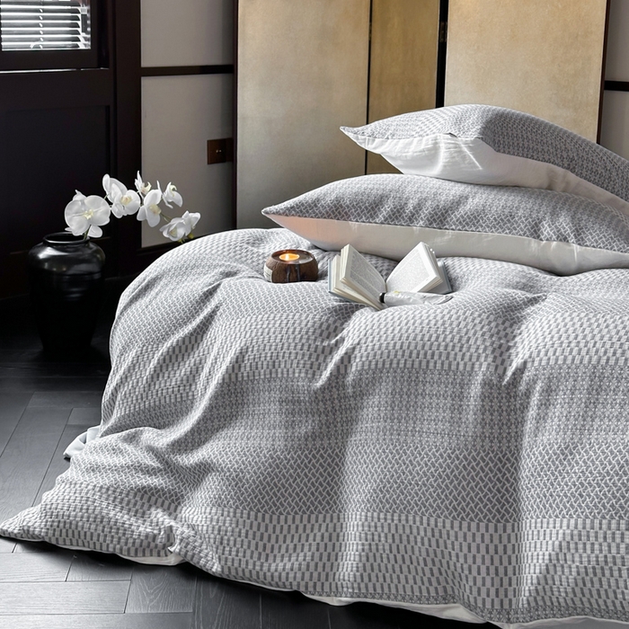 91家纺网 家纺一手货源 找家纺 玛奇朵 2024新品韩国A类侘寂风色织提花双层皱皱纱四件套-流光溢彩系列 流光溢彩-蓝