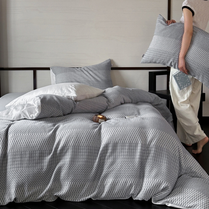 91家纺网 家纺一手货源 找家纺 玛奇朵 2024新品韩国A类侘寂风色织提花双层皱皱纱四件套-流光溢彩系列 流光溢彩-蓝