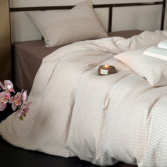 91家纺网 家纺一手货源 找家纺 玛奇朵 2024新品韩国A类侘寂风色织提花双层皱皱纱四件套-流光溢彩系列 流光溢彩-卡其