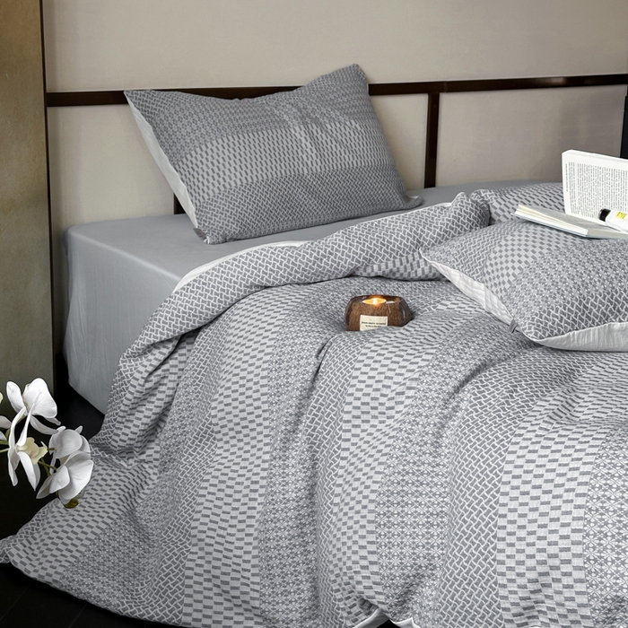 91家纺网 家纺一手货源 找家纺 玛奇朵 2024新品韩国A类侘寂风色织提花双层皱皱纱四件套-流光溢彩系列 流光溢彩-蓝