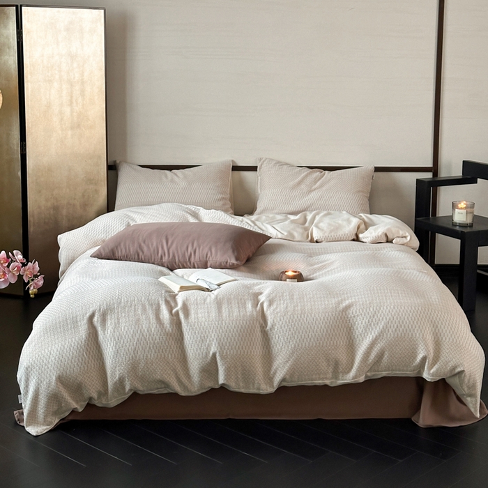 玛奇朵 2024新品韩国A类侘寂风色织提花双层皱皱纱四件套-流光溢彩系列 流光溢彩-卡其