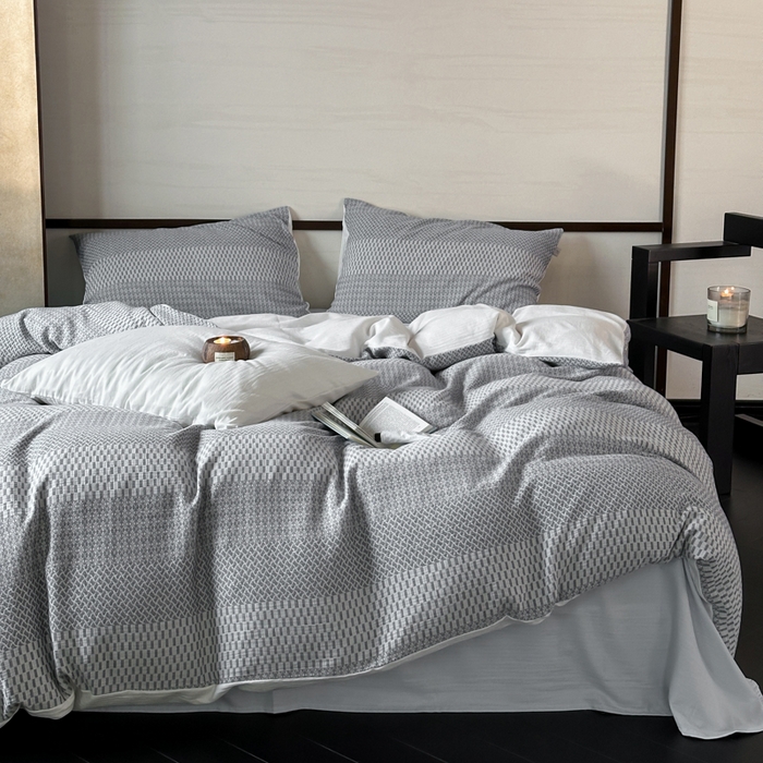 91家纺网 家纺一手货源 找家纺 玛奇朵 2024新品韩国A类侘寂风色织提花双层皱皱纱四件套-流光溢彩系列 流光溢彩-蓝