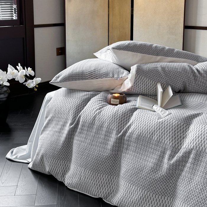 91家纺网 家纺一手货源 找家纺 玛奇朵 2024新品韩国A类侘寂风色织提花双层皱皱纱四件套-流光溢彩系列 流光溢彩-蓝