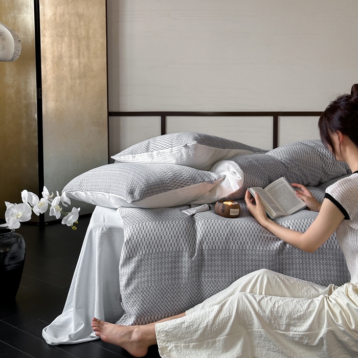 91家纺网 家纺一手货源 找家纺 玛奇朵 2024新品韩国A类侘寂风色织提花双层皱皱纱四件套-流光溢彩系列 流光溢彩-蓝