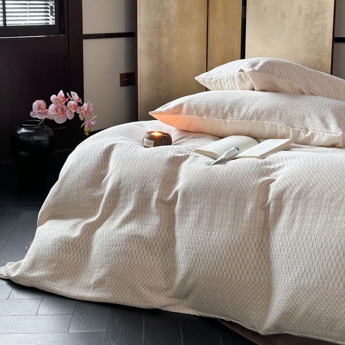 91家纺网 家纺一手货源 找家纺 玛奇朵 2024新品韩国A类侘寂风色织提花双层皱皱纱四件套-流光溢彩系列 流光溢彩-卡其