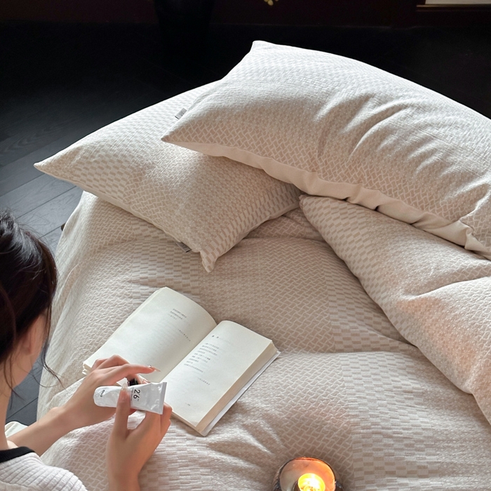 91家纺网 家纺一手货源 找家纺 玛奇朵 2024新品韩国A类侘寂风色织提花双层皱皱纱四件套-流光溢彩系列 流光溢彩-卡其